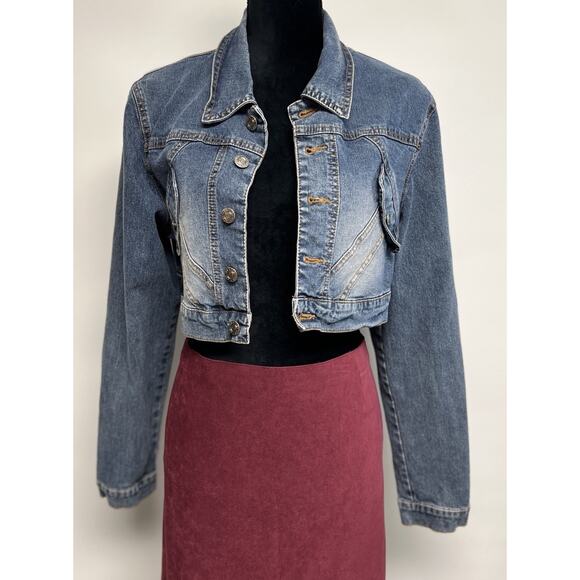 Y2K Deb Blue Denim Distressed Crop Jean Jacket Medium Boho Festival Western - Picture 2 of 9